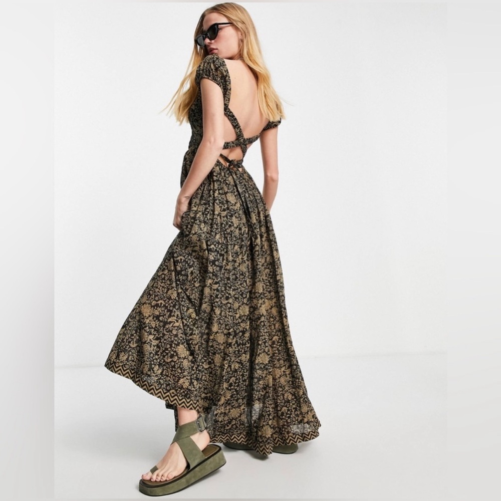 FREE PEOPLE Black Floral Print Ultraviolet Smocked Cotton Maxi Dress